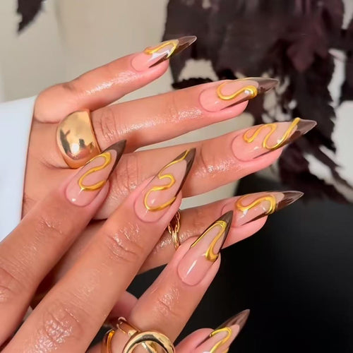 Artistic Stiletto Nail Extensions with Abstract Design Bowlift