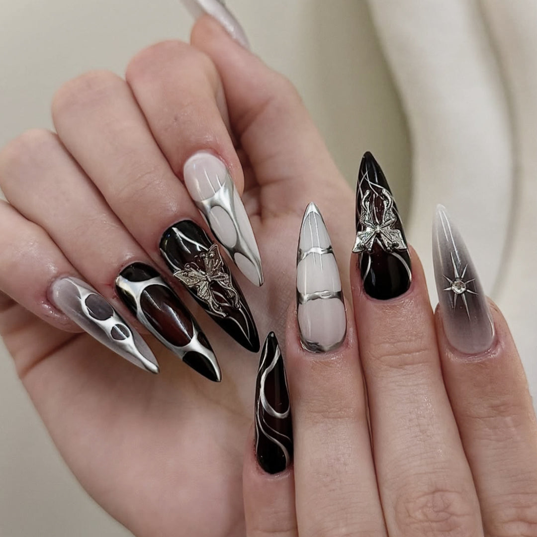Gothic Themed Stiletto Nail Art Extensions Bowlift