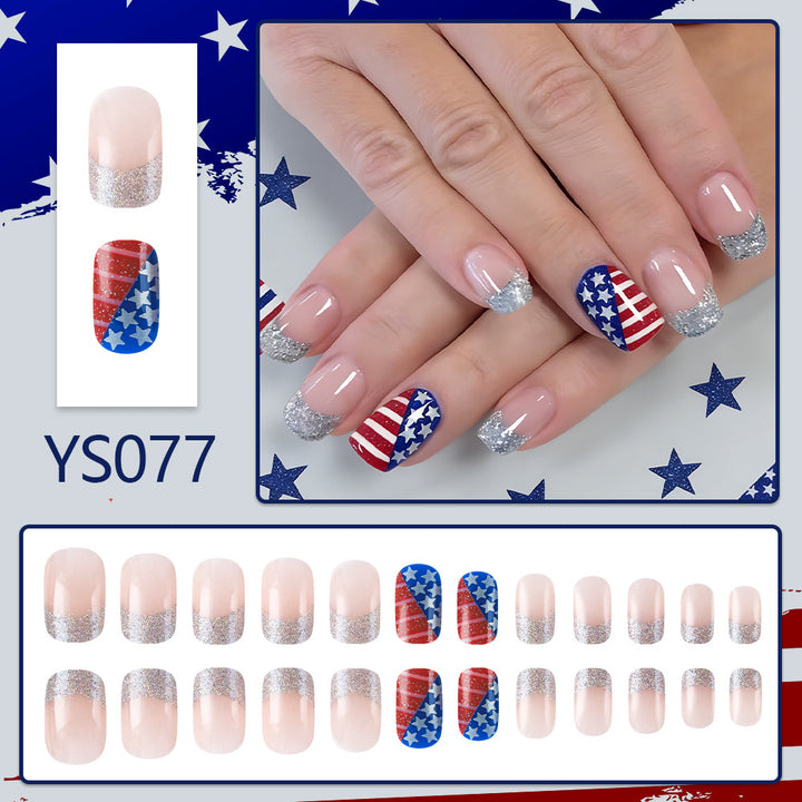 Women's nan patriotic flag patterned press-on nail set with glitter French tips Bowlift