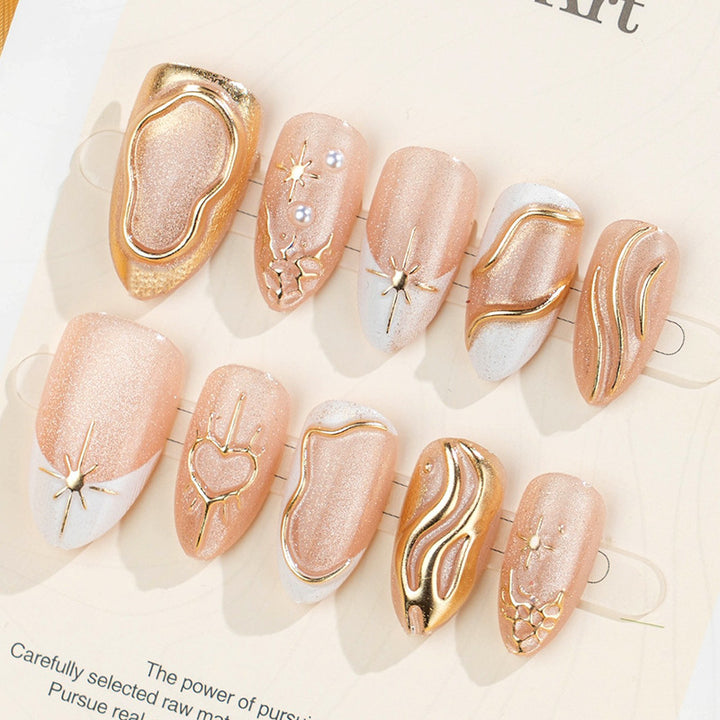 Decorative Press-On Nail Art Set with Elegant Gold Accents Bowlift 1788495840