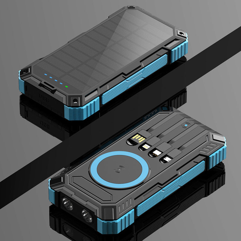 Robust Solar Power Bank with Multifunctional Charging Cable and Integrated Qi Charger Bowlift