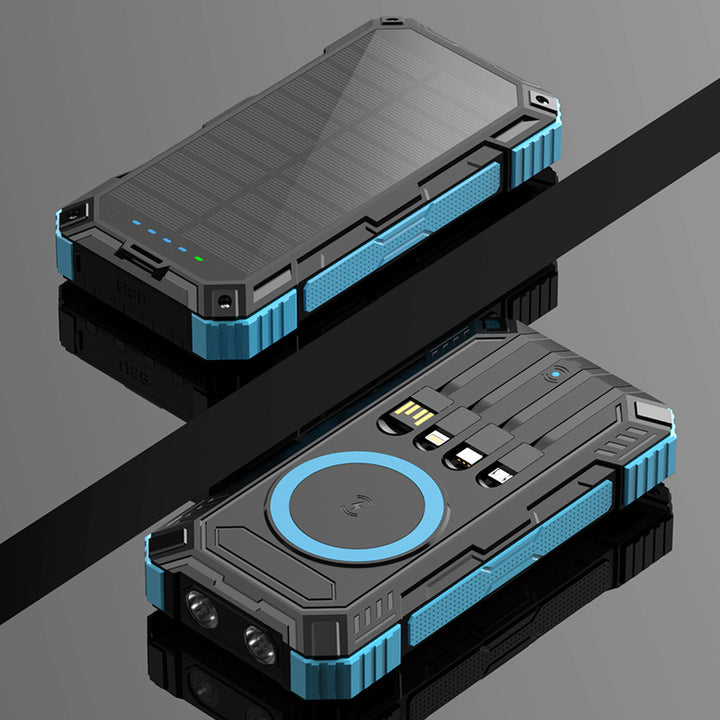 Robust Solar Power Bank with Multifunctional Charging Cable and Integrated Qi Charger Bowlift