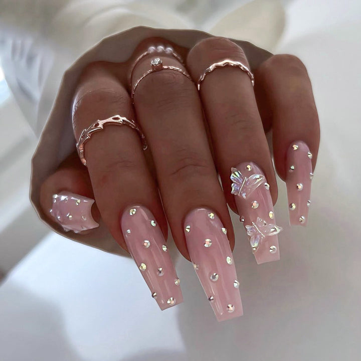 Artificial nail tips with glamorous rhinestone and butterfly designs Bowlift