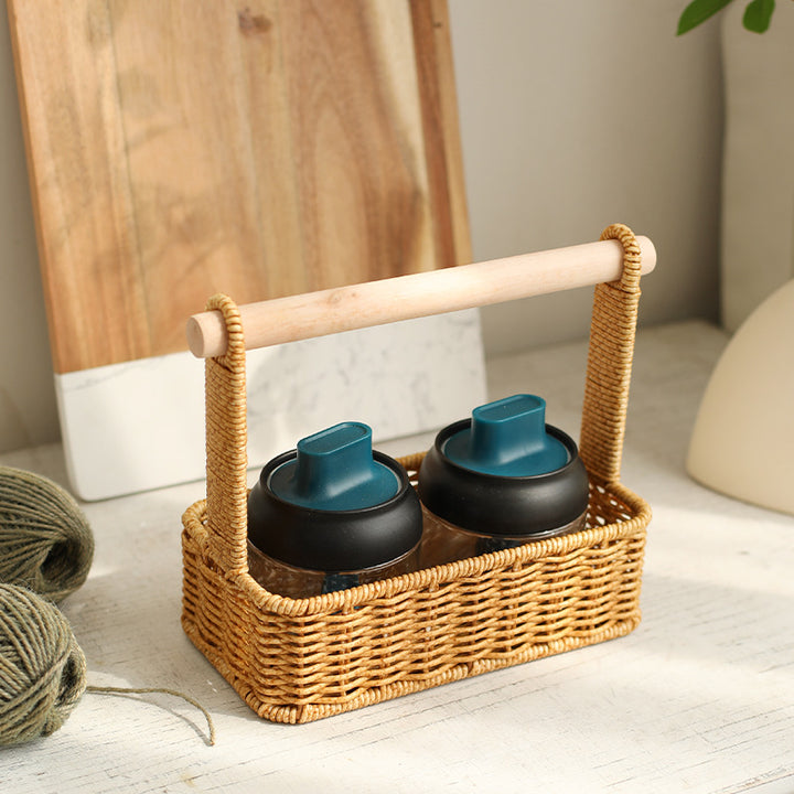 Handcrafted Woven Storage Basket with Wooden Handle Bowlift