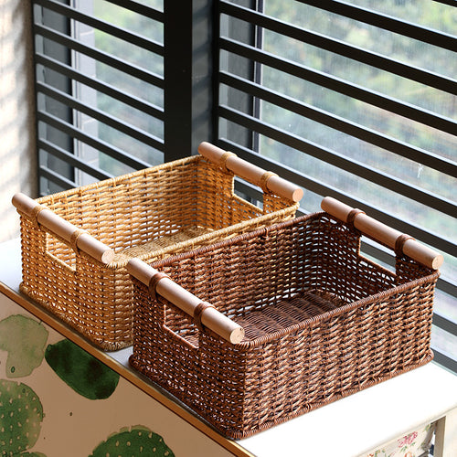Handcrafted Woven Storage Basket with Wooden Handles Bowlift