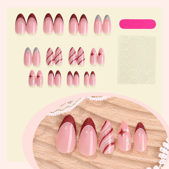 Decorative Press-On Nail Set with Glitter and Striped Design Bowlift
