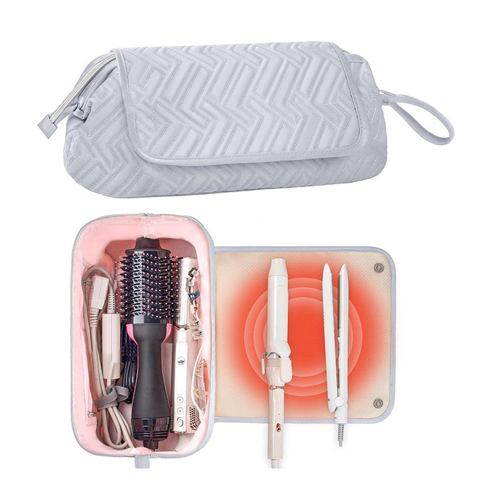 Cosmetic organizer bag with pre-made space for styling tools Bowlift