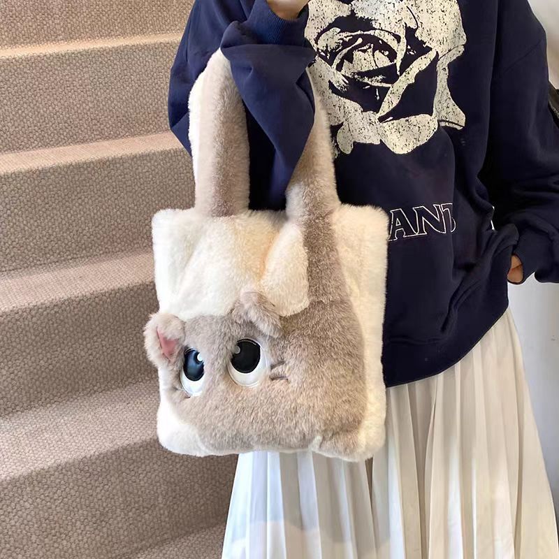 Plush Faux Fur Cartoon Eye-Appliqué Tote Bag with Bow Shoulder Straps Bowlift