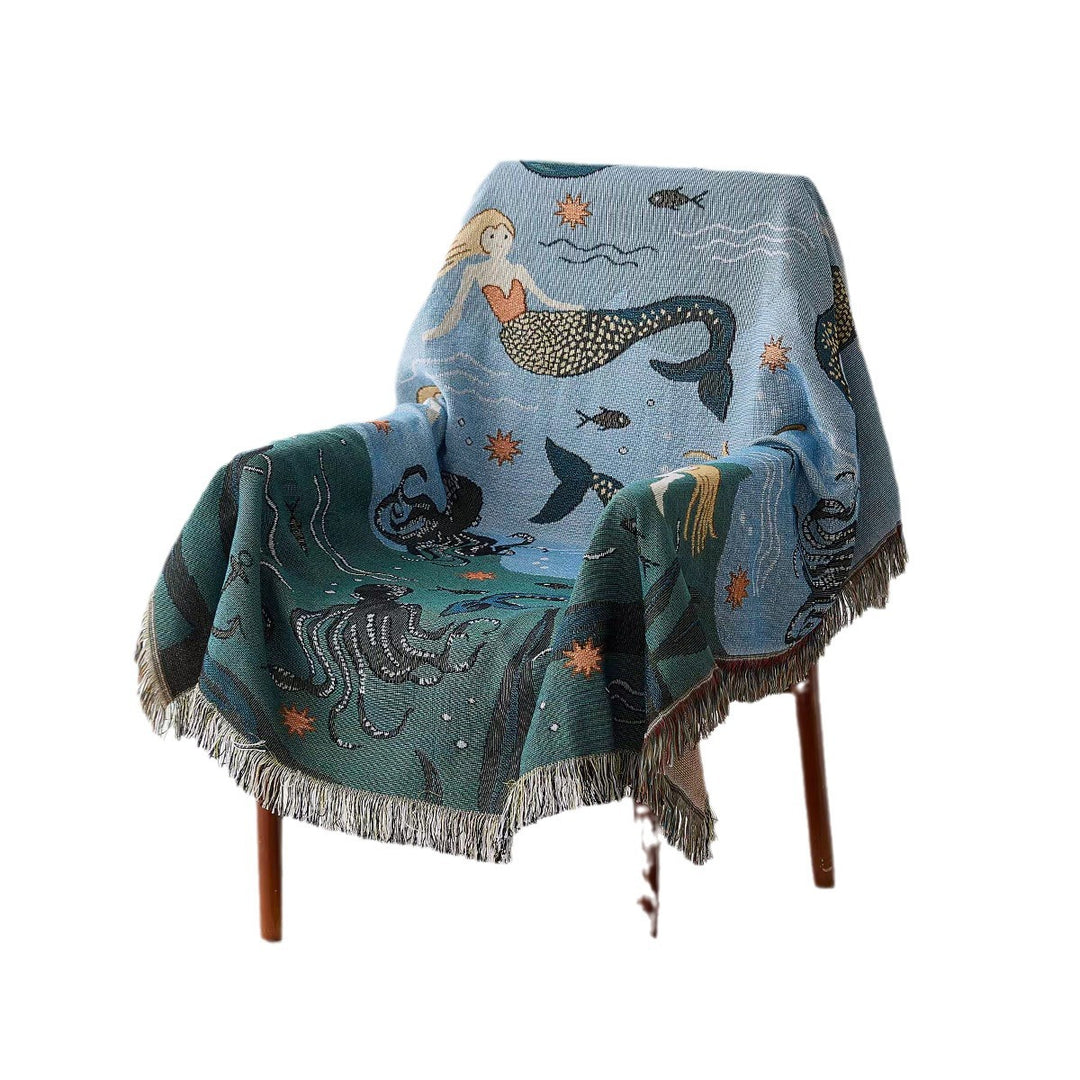 Artistic Mermaid-Themed Woven Throw Blanket