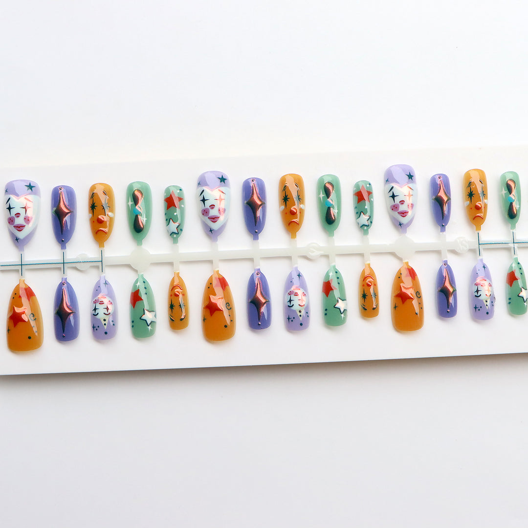 Whimsical Clown-Inspired Press-On Nail Art Set Bowlift