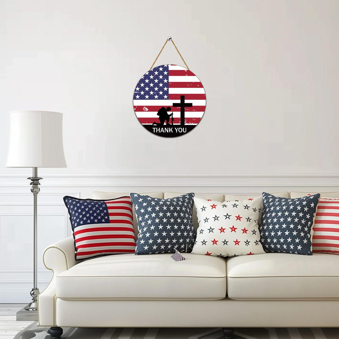 Unisex nan round wooden wall plaque with cross and soldier silhouette as well as jute rope hanging Bowlift