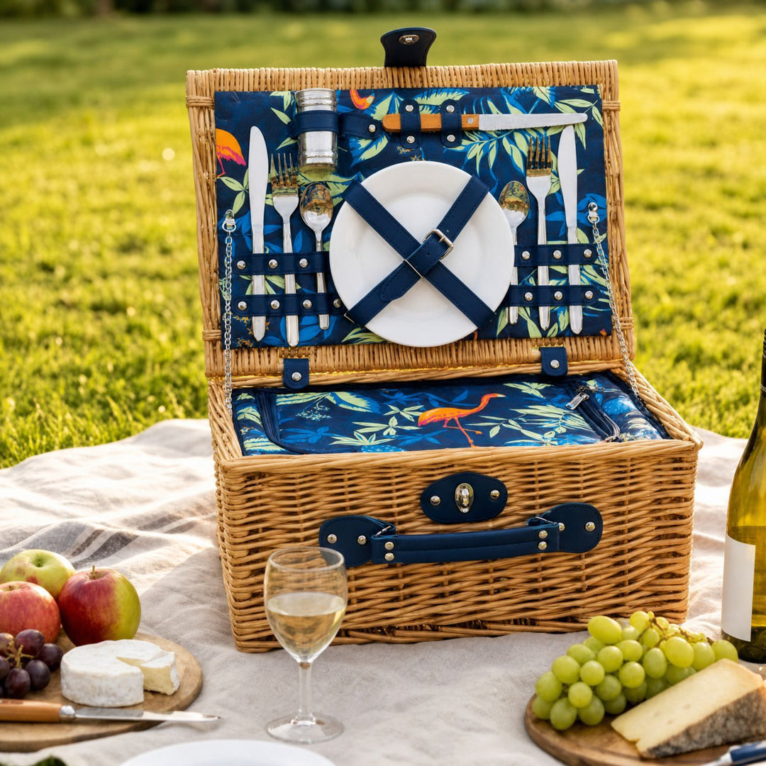 Ladies Luxury Picnic Basket with Offset Dish Compartment and Floral Lining Bowlift