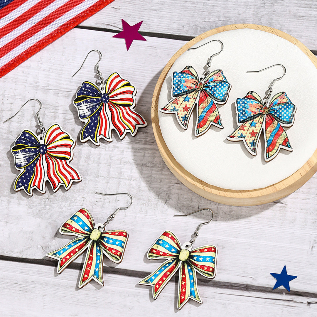 Ladies nan lightweight wooden earrings bow pendant with hook closure and vintage pattern Bowlift