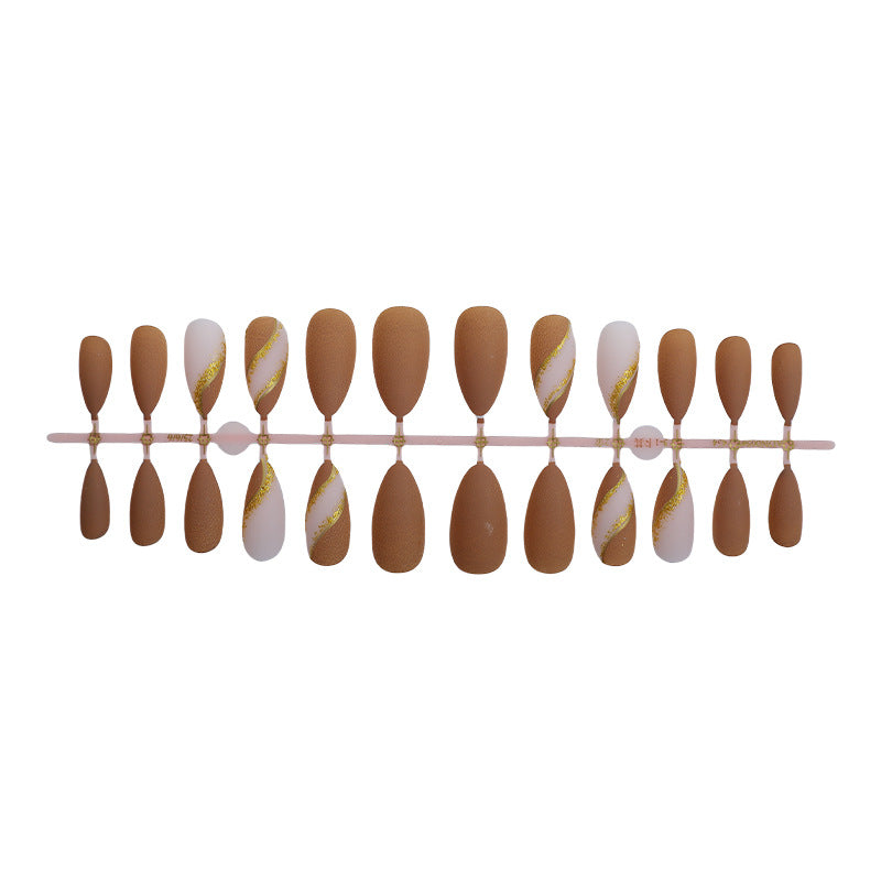 Elegant Press-On Nail Set with Decorative Gold Stripe Design Bowlift