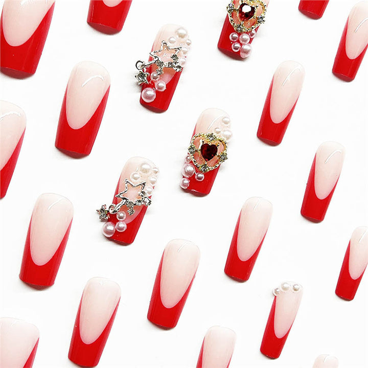 Decorative French Tip Press-On Nails with Pearl Accents Bowlift