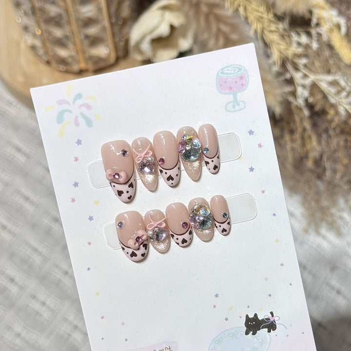 Decorative Press-On Nail Art Set with Heart and Gem Accents Bowlift