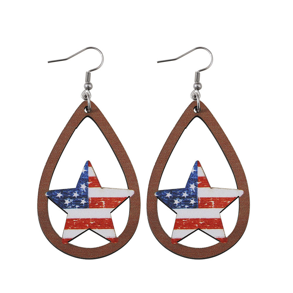 Ladies' nan teardrop-shaped wooden earrings with multi-layer star and stripe appliqué and nickel-free ear hooks Bowlift