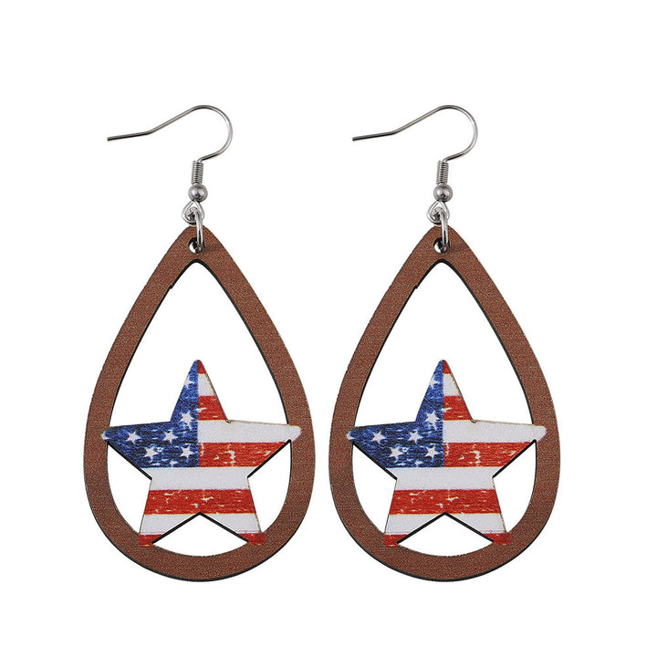 Ladies' nan teardrop-shaped wooden earrings with multi-layer star and stripe appliqué and nickel-free ear hooks Bowlift