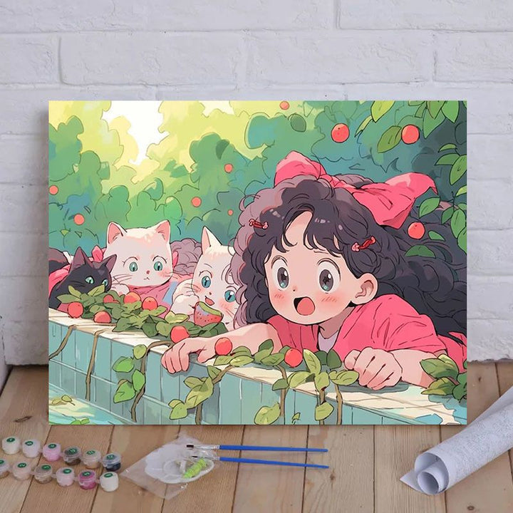 Cartoon Cat and Girl Themed Canvas Paint by Numbers Art Kit Bowlift