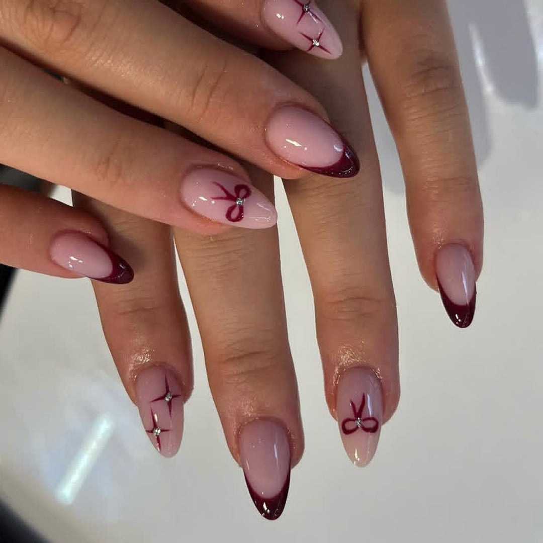 Artistic Press-On Nail Art Set with Decorative Bow and Crystal Accents Bowlift