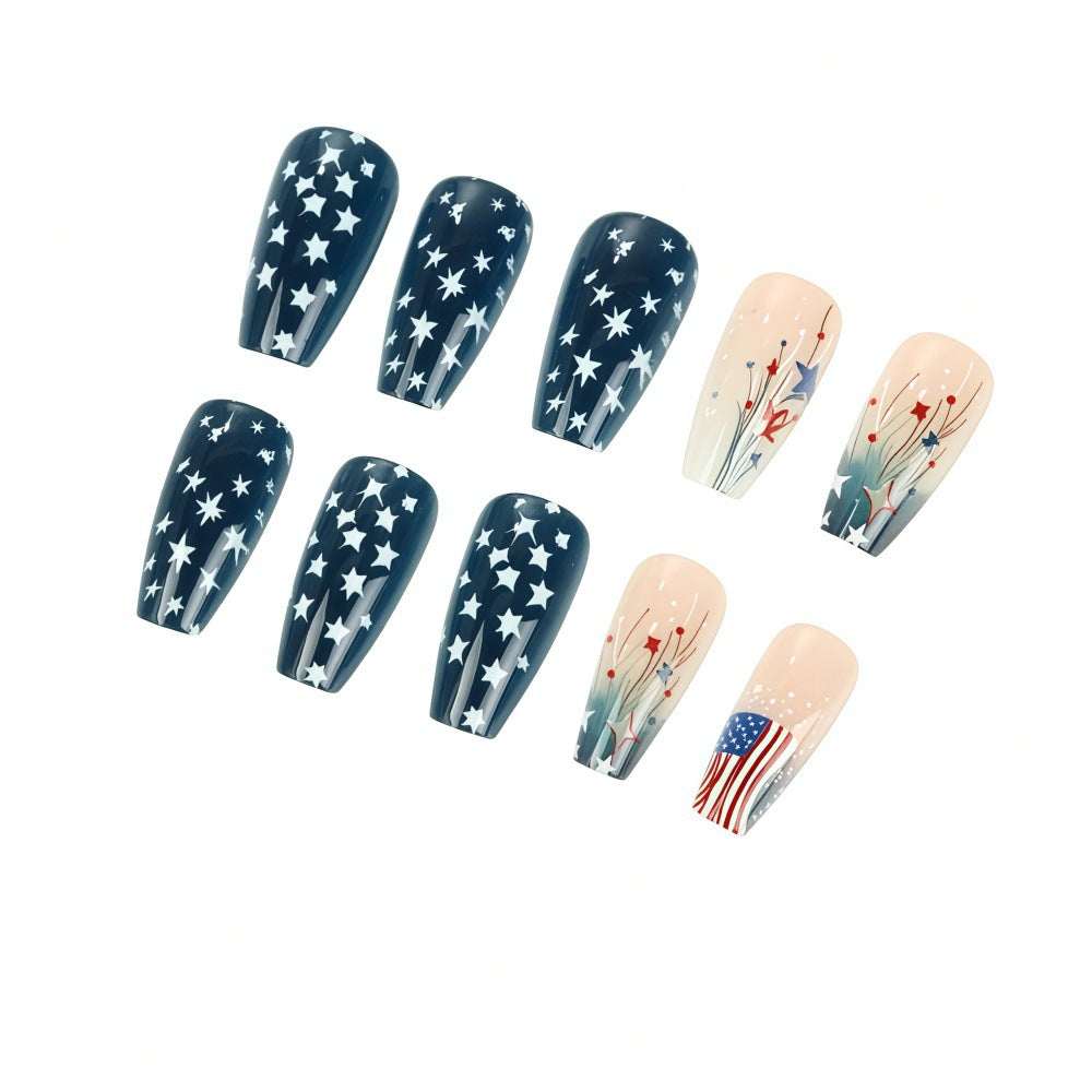 Women's nan long coffin press-on nails patriotic flag starburst full cover reusable Bowlift