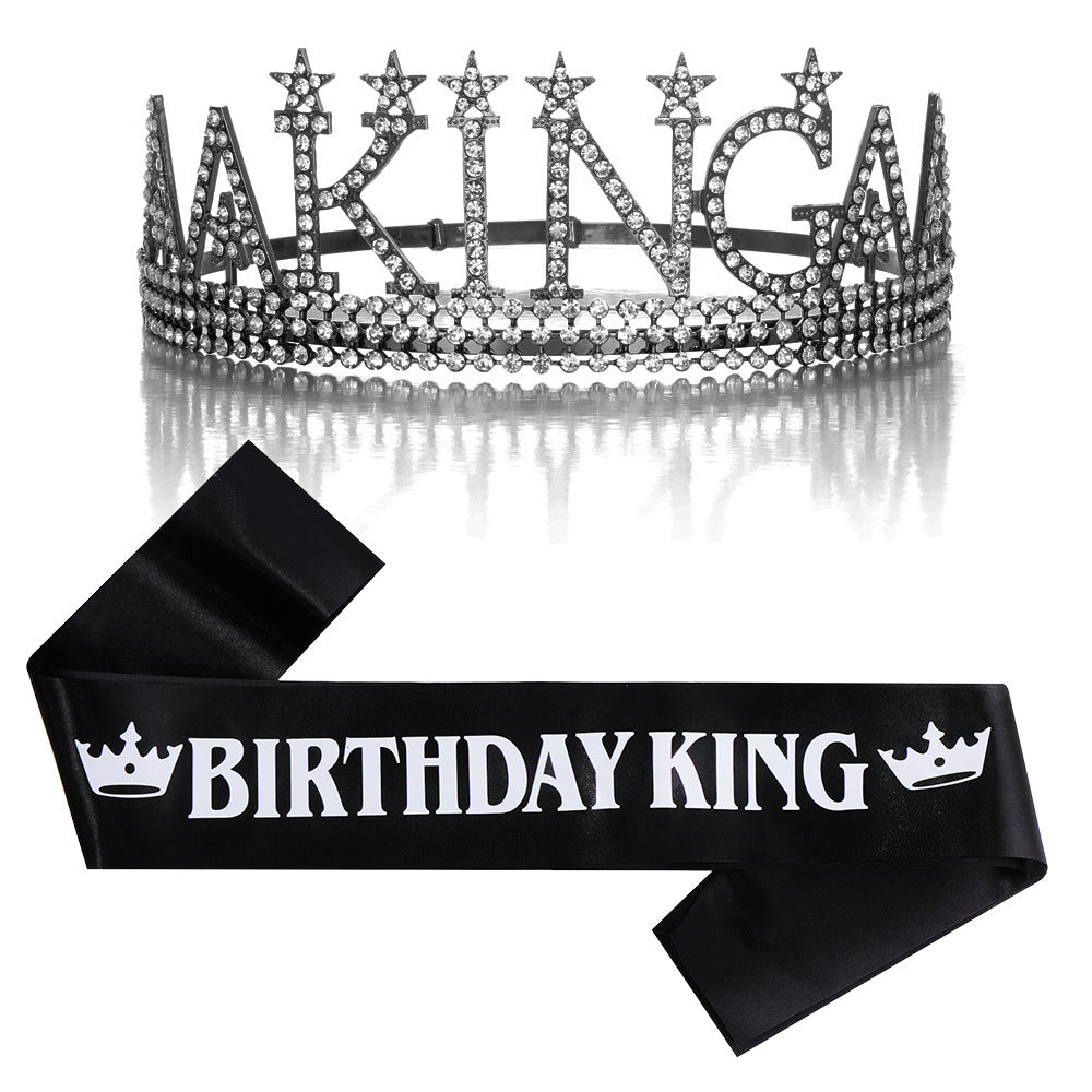 Ladies Glittering Birthday Crown with a Regal "Birthday King" Sash Set Bowlift