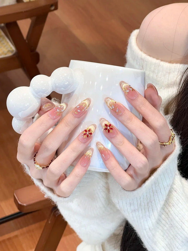 Elegant artificial nails with sparkling floral decorations Bowlift