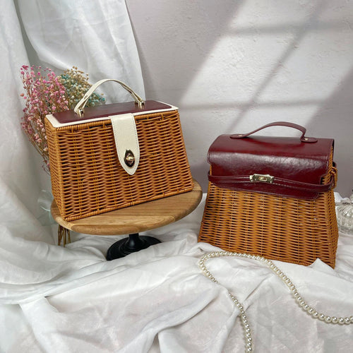 Ladies elegant woven handbag with wooden lid Bowlift