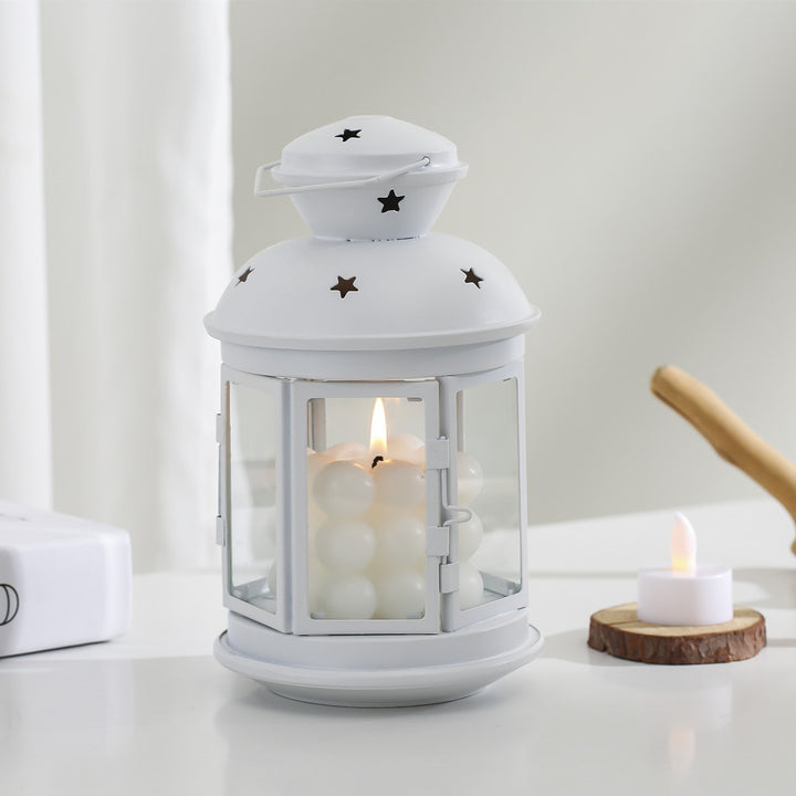 Vintage-Inspired Cylindrical Metal Tea Light Lantern with Star Vent Cutouts and Hinged Glass Door Bowlift