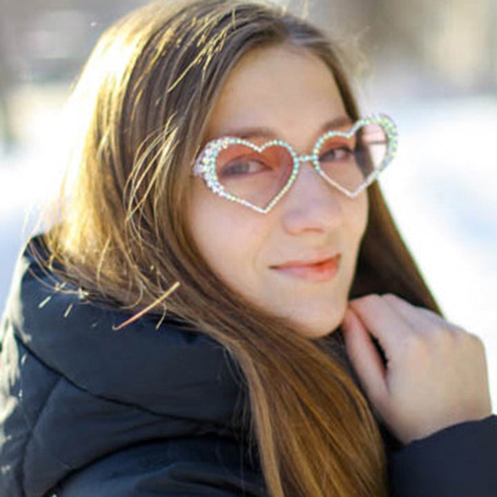Women's Heart-Shaped Sunglasses with Rhinestone-Embellished Frame Bowlift