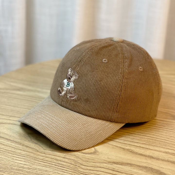 Women's Corduroy Baseball Cap with Teddy Bear Embroidery Bowlift