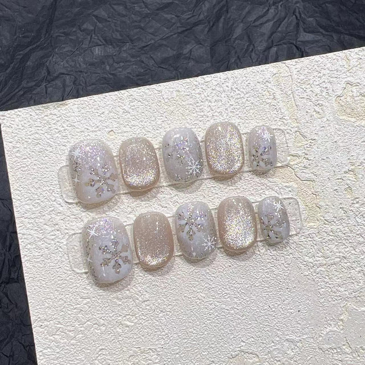 Glittery Press-On Nail Art Set with Snowflake Design Bowlift