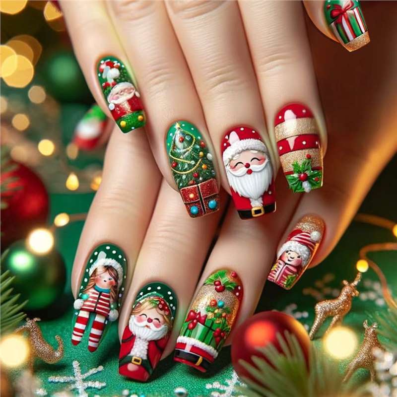 Festive Holiday-Themed Press-On Nail Art Set Bowlift