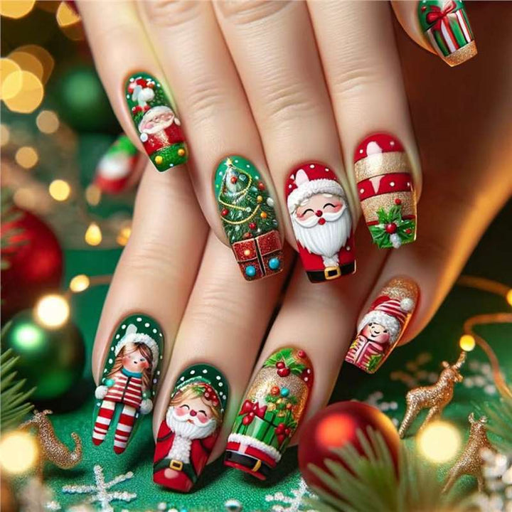 Festive Holiday-Themed Press-On Nail Art Set Bowlift