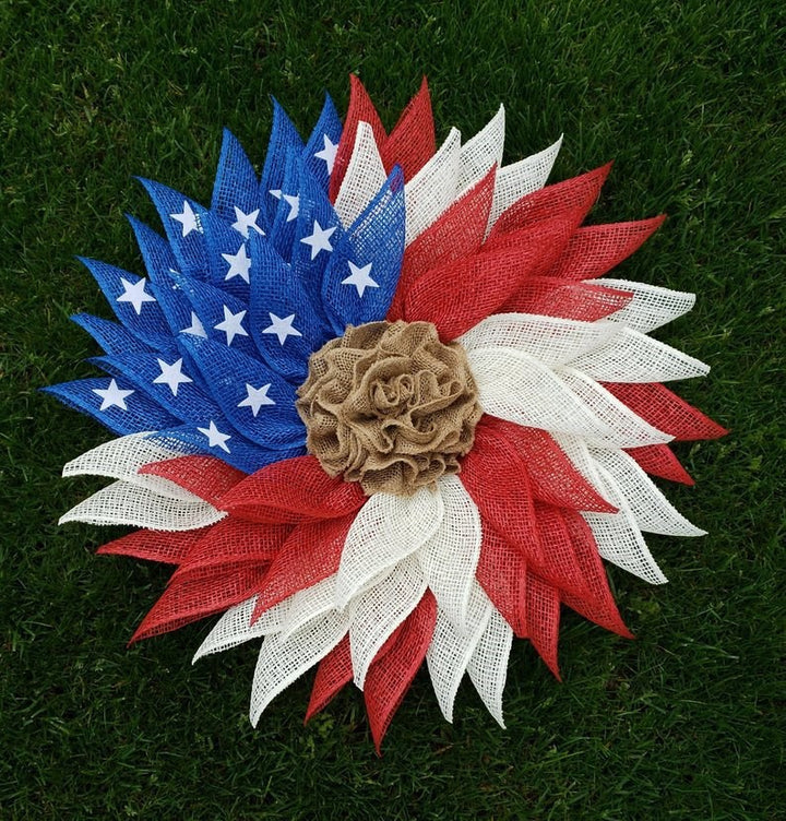 Unisex nan patriotic burlap starburst wreath with layered mesh petals and jute rosette center Bowlift