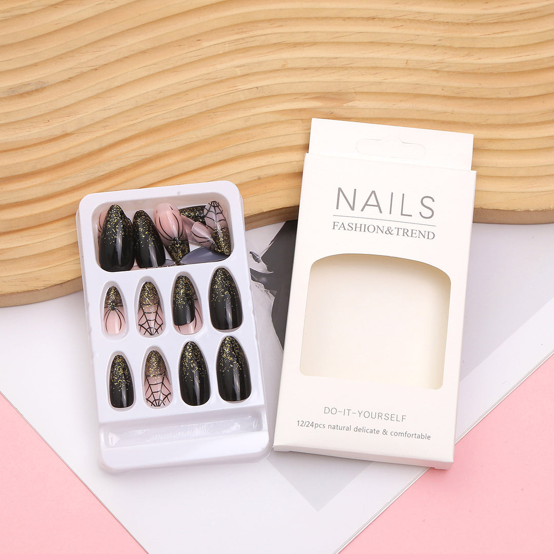 Artistic Press-On Nail Set with Glitter and Spider Web Design Bowlift