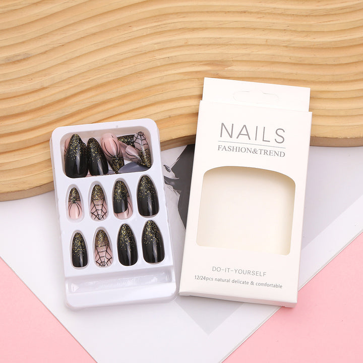 Artistic Press-On Nail Set with Glitter and Spider Web Design Bowlift