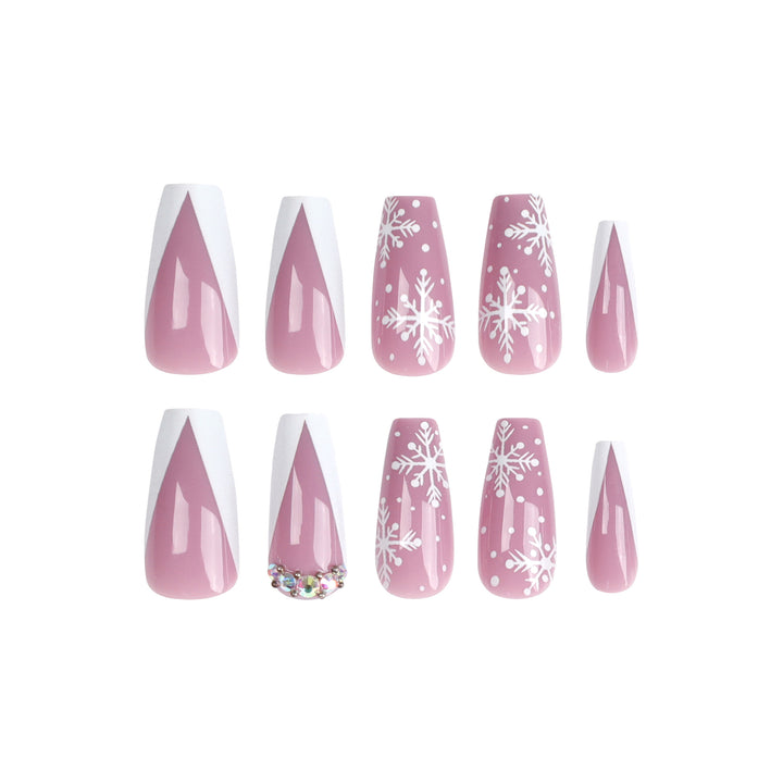 Artistic Nail Extensions with Snowflake Design and Glitter Accents Bowlift