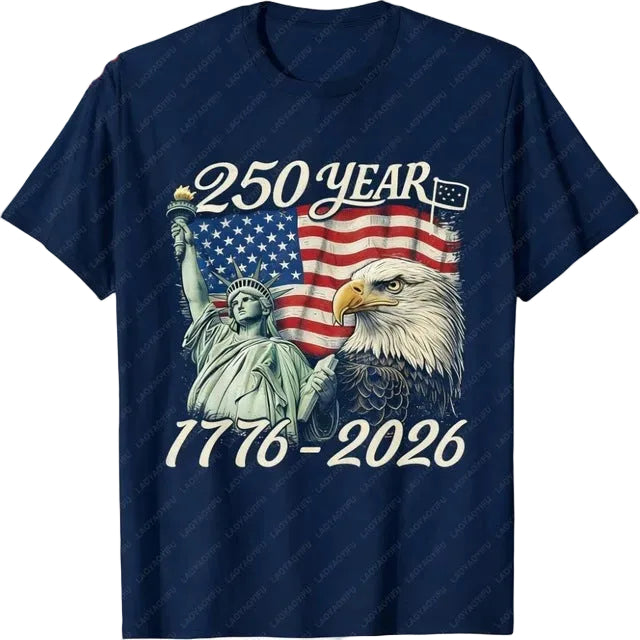 Unisex nan patriotic two hundred fifty year commemorative graphic tee with Statue of Liberty and Bald Eagle print Bowlift