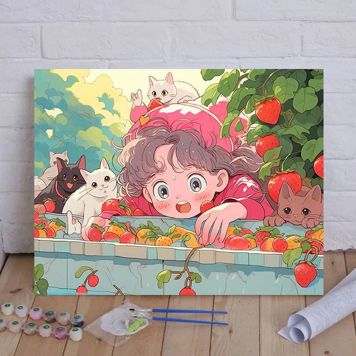 Cartoon Cat and Girl Themed Canvas Paint by Numbers Art Kit Bowlift