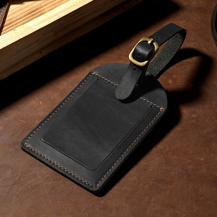 Genuine Leather Luggage Tag with Adjustable Buckle and ID Window Bowlift