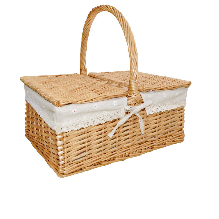 Women braided basket with checked lining and decorative lace trim Bowlift