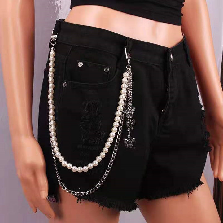 Fashionable belt with pearl and chain pendants Bowlift