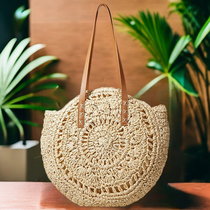 Handcrafted Round Straw Bag with Elegant Leather Handles Bowlift