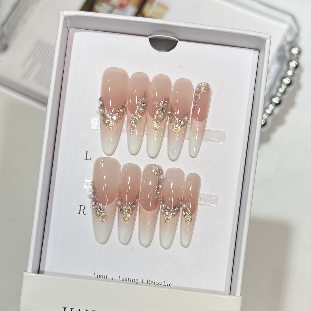 Elegant Stiletto Press-On Nail Art Set with Crystal and Pearl Accents Bowlift