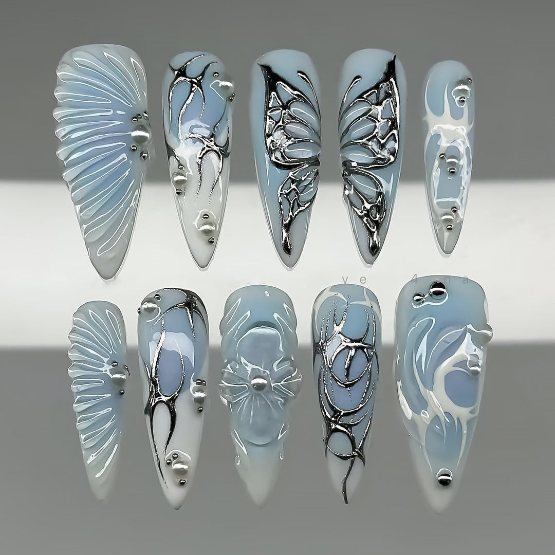 Decorative Press-On Nail Art Set with Oceanic Designs Bowlift