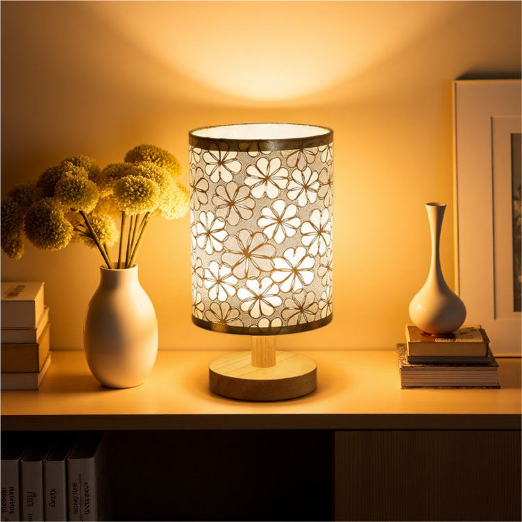 Decorative Cylindrical Fabric Shade Table Lamp with Wooden Base and Mosaic Texture Bowlift