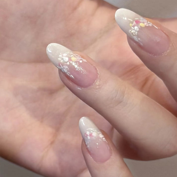 Elegant Floral French Tip Press-On Nails Bowlift