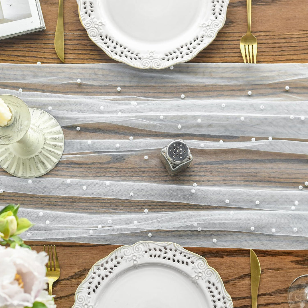 Elegant Table Runner with Pearl Detailing Bowlift