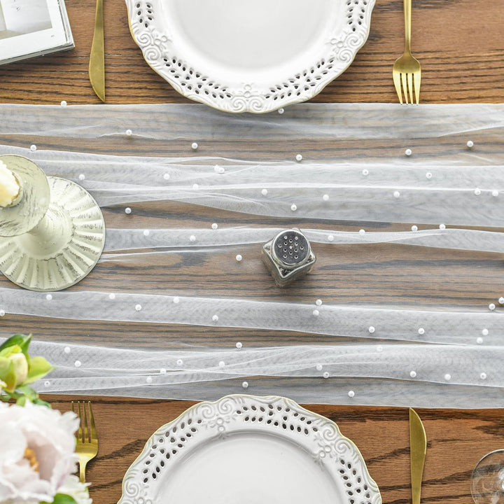 Elegant Table Runner with Pearl Detailing Bowlift